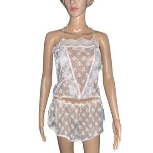 Lorraine ~ Medium ~ White W/ Pink Trim ~ Floral Lace ~ 3-Piece Pajamas Lingerie
